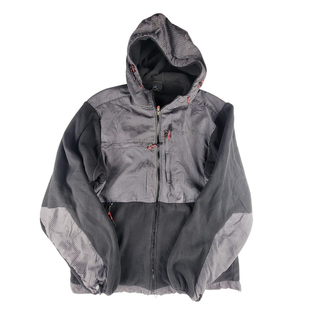 Mens Fleece Jacket Hooded Grid Pattern Black Grey Zip Up Outdoor Activewear XXL